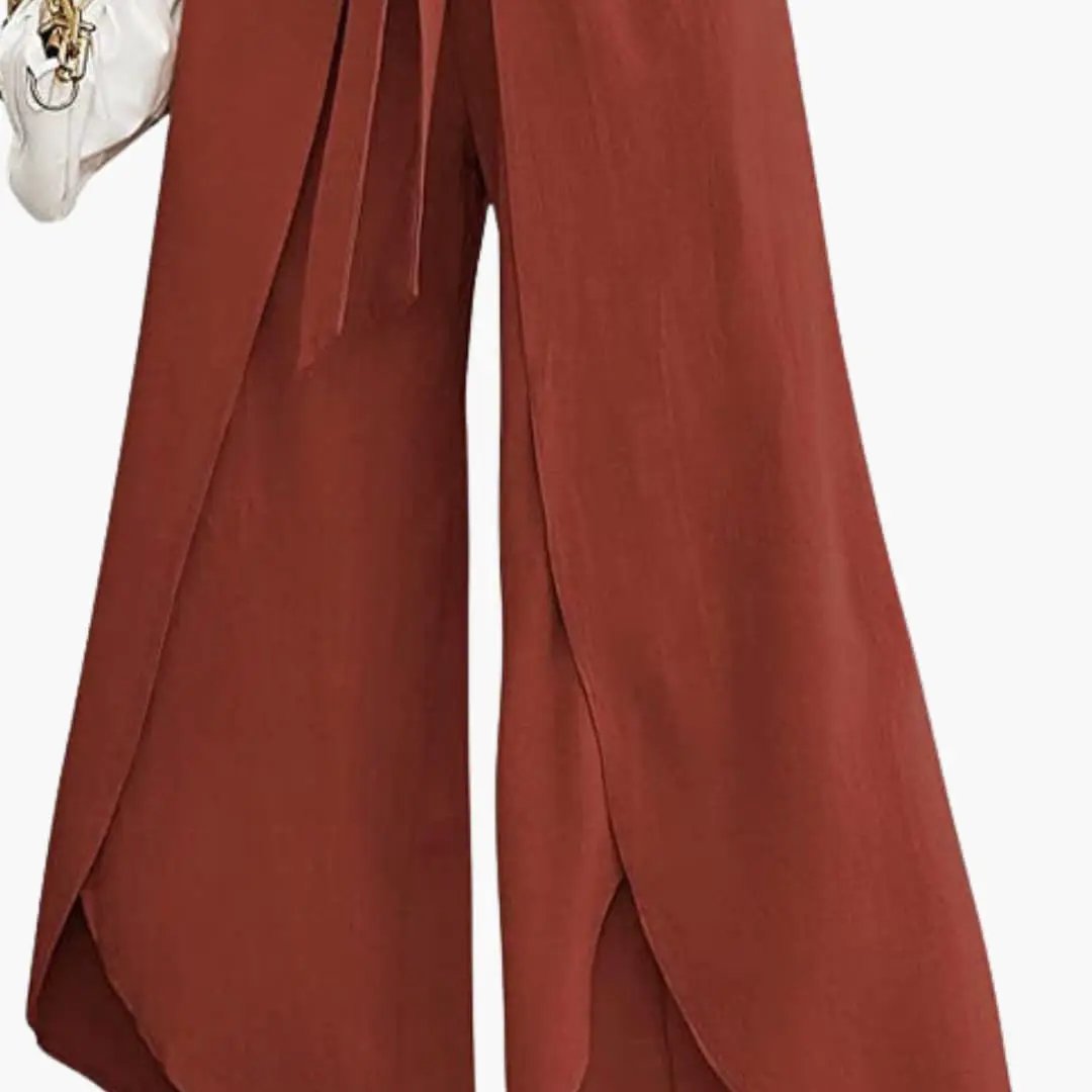 Women’s summer pants with tie belt, rust wide-leg trousers