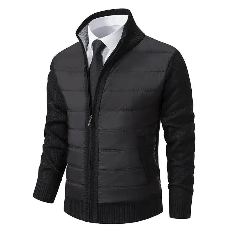 Light Quilted Jacket by Wilfred Smith – black men's spring jacket with quilted body and knit sleeves, front zipper