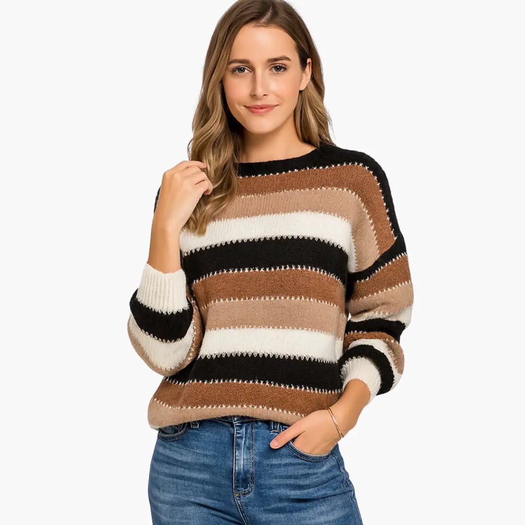Women's striped knit pullover sweater with round neck in beige, black and white by Wilfred Smith