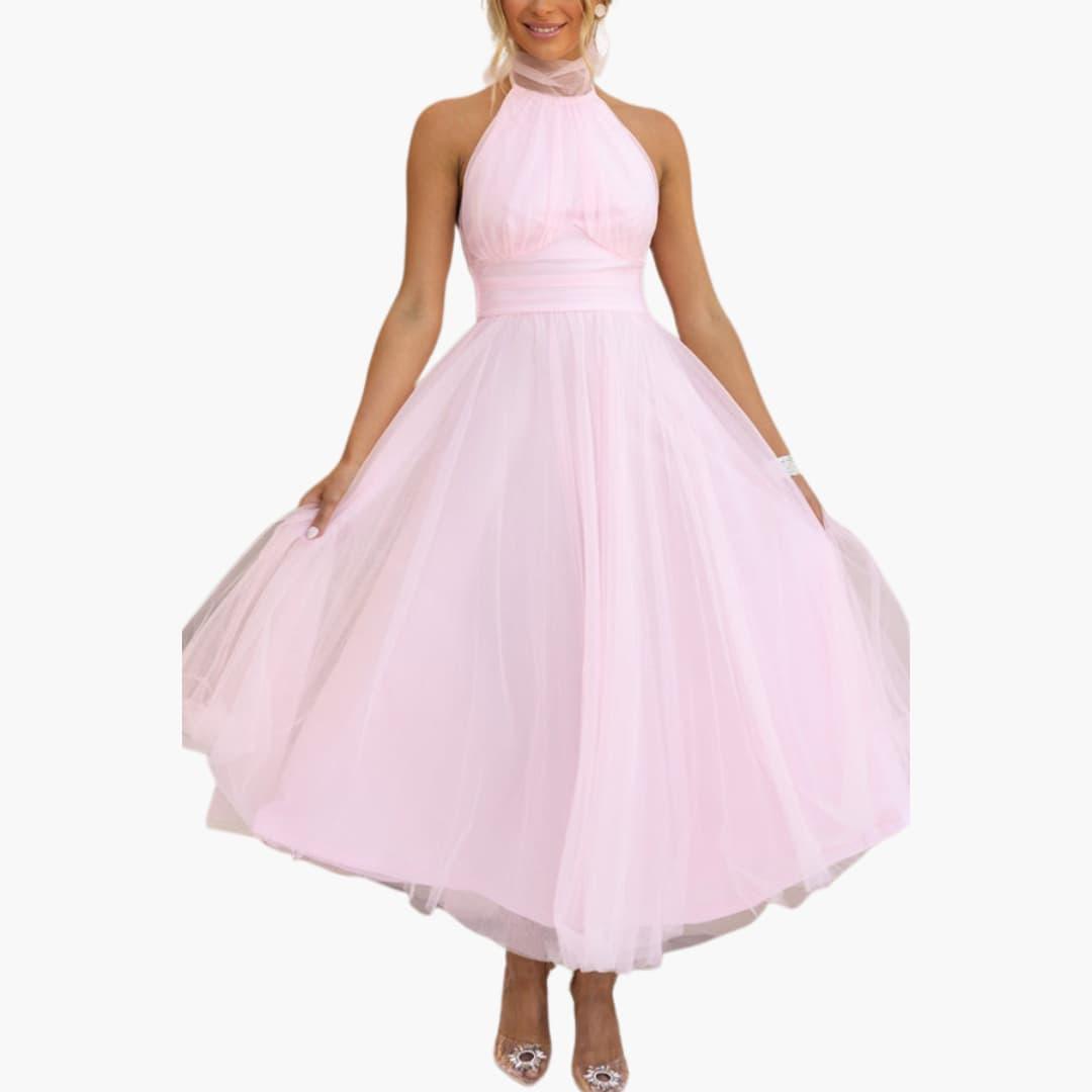 Women's pink tulle halter-neck midi dress by Wilfred Smith with a voluminous skirt