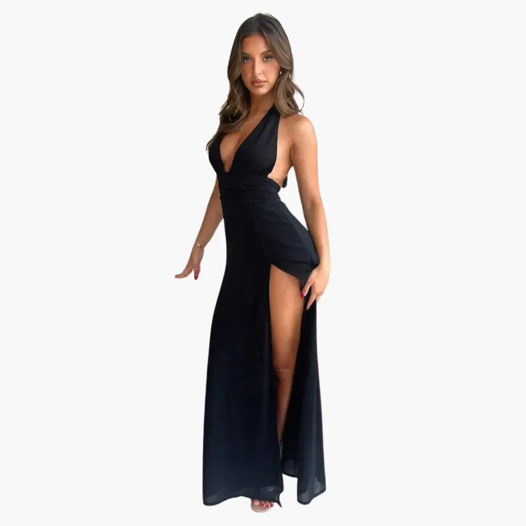 Maxi dress with halter neck and high slit, black, Wilfred Smith evening wear
