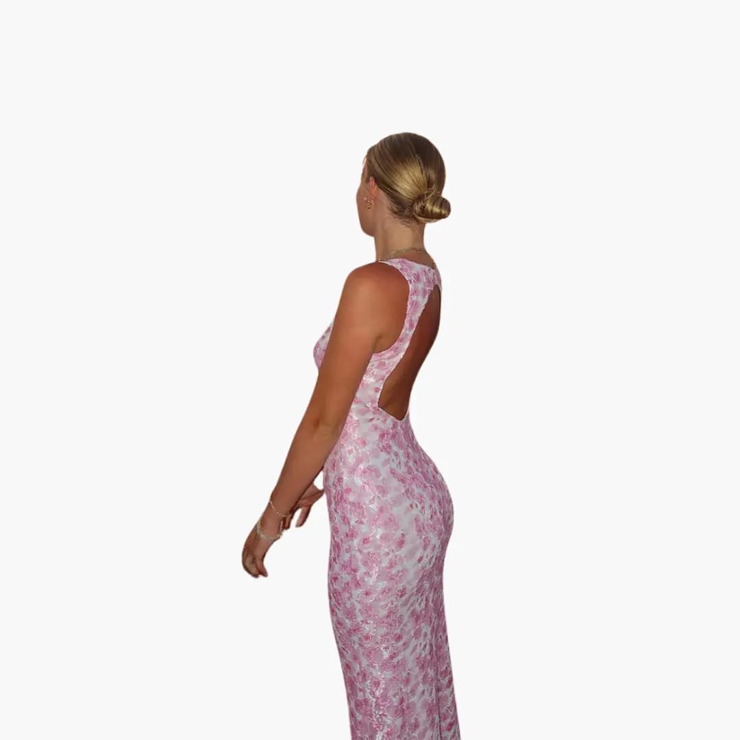 Lace Maxi Dress by Wilfred Smith, pink lace with open-back, women's dress