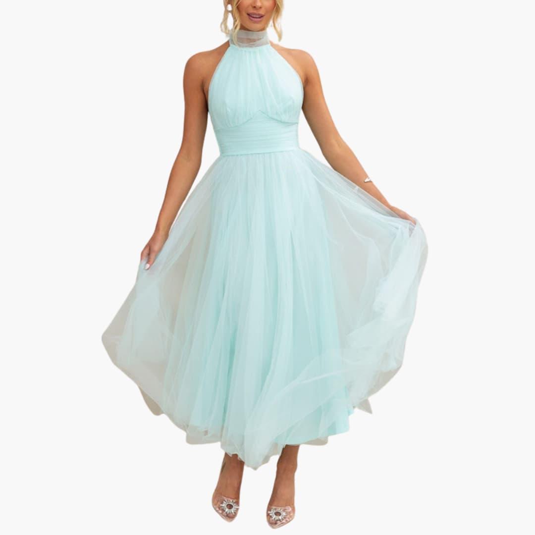 Women's halter-neck tulle midi dress in mint by Wilfred Smith, elegant party dress