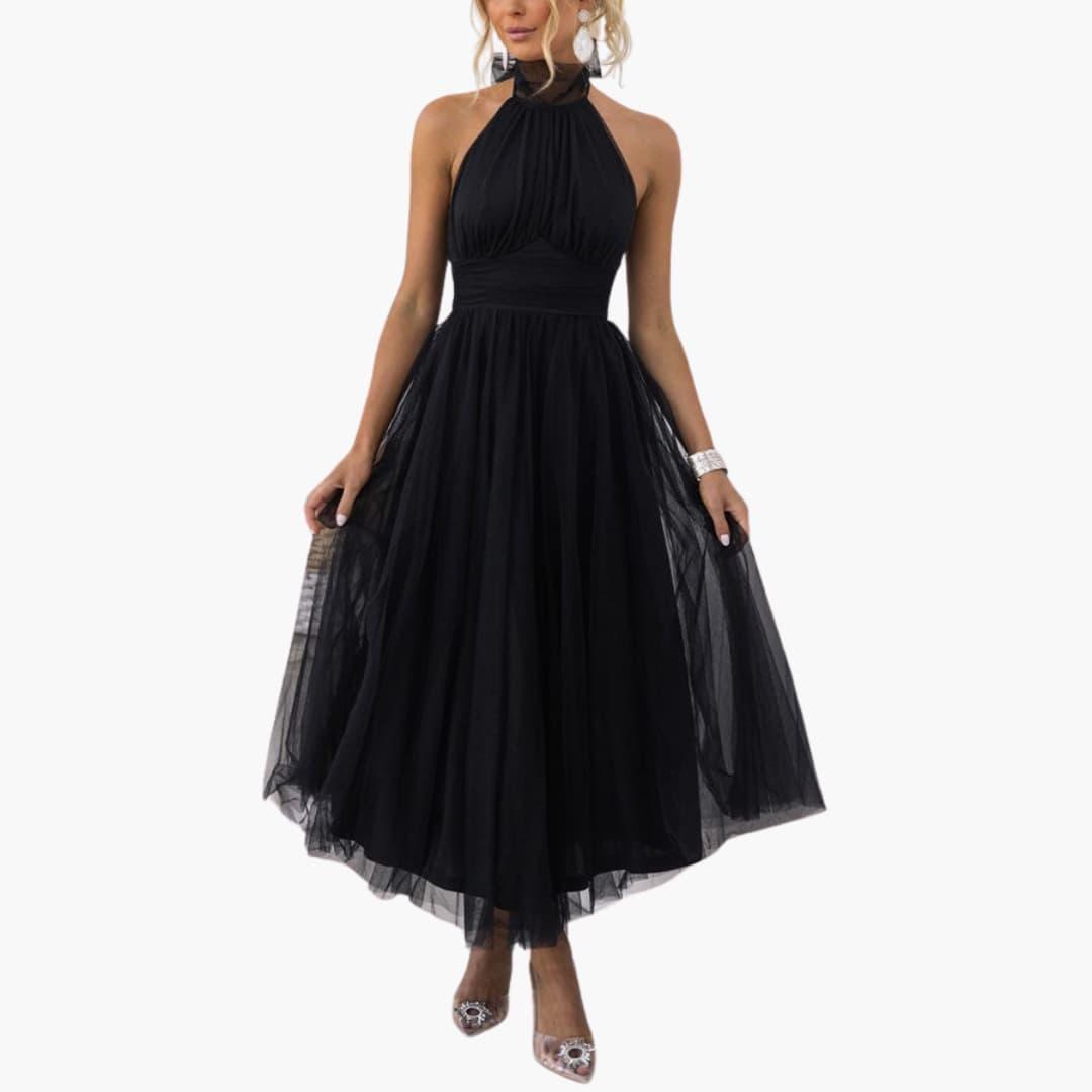 Women's black halter-neck tulle midi dress by Wilfred Smith with a voluminous layered skirt