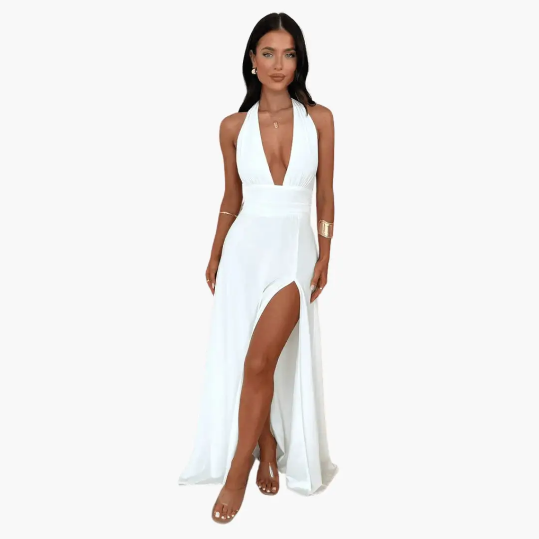 Maxi dress with halter neck in white, evening wear, high slit, Wilfred Smith