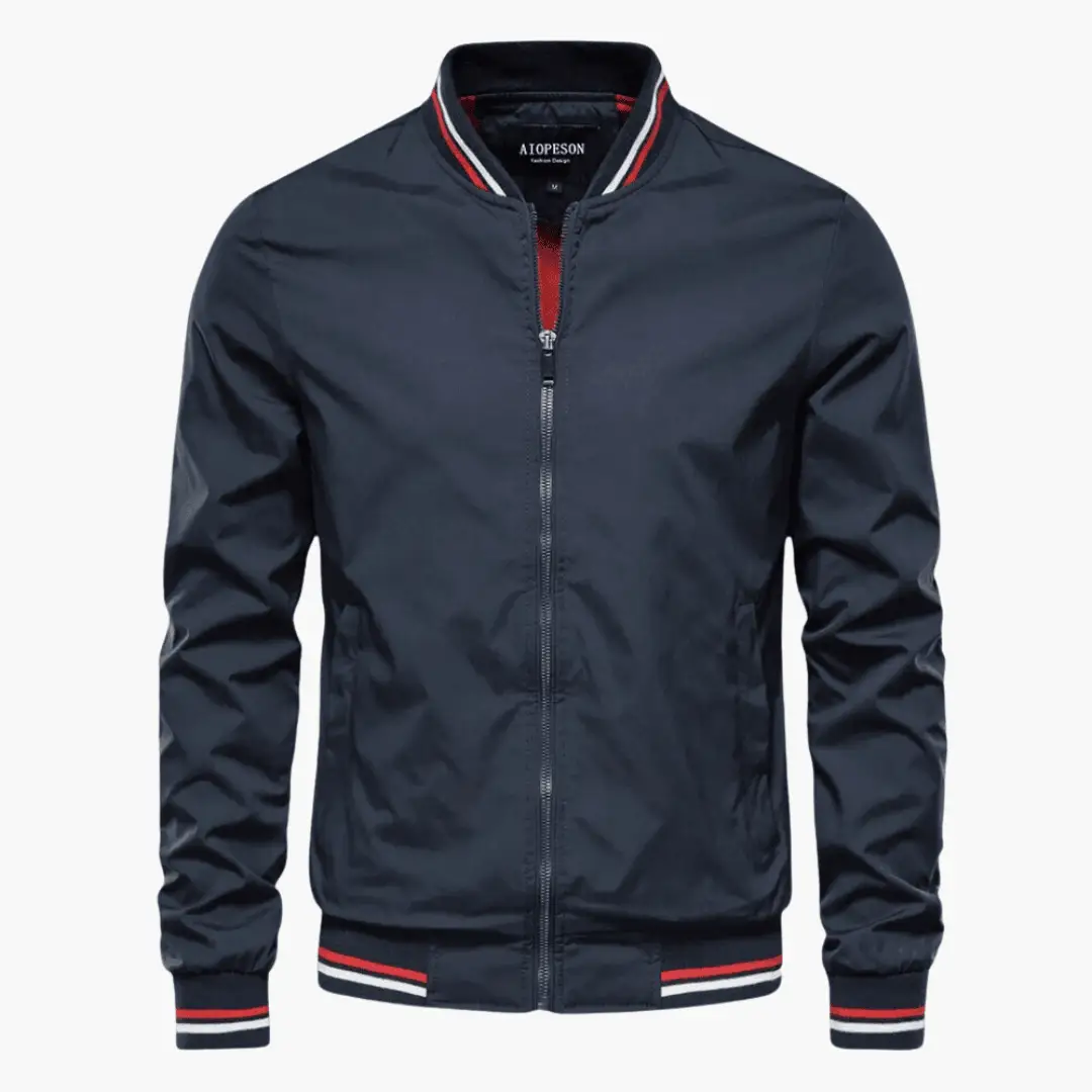 Structured jacket for men, navy bomber with zip front and red/white striped ribbed cuffs, AIOPESON.