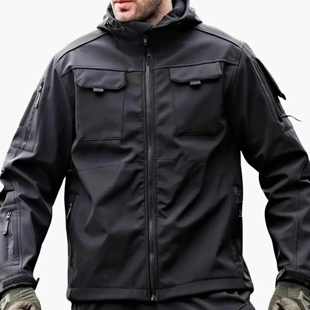 Men's zip-up hooded softshell jacket with multiple pockets in black