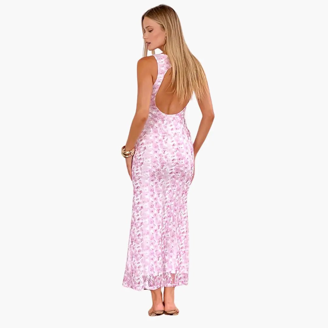 Lace Maxi Dress, pink floral lace with open-back, women's sleeveless evening style