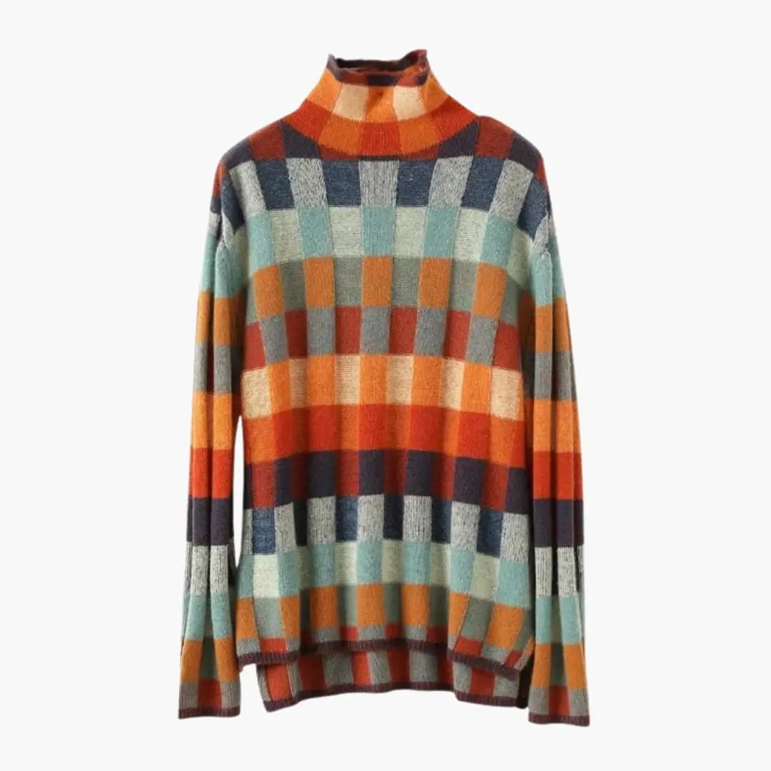 Women's checkered knit turtleneck sweater with relaxed fit in orange, teal, navy and beige blocks