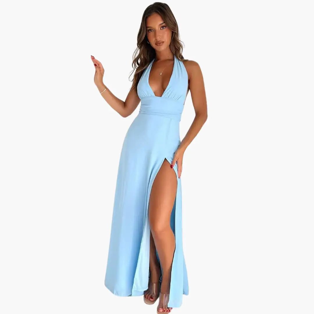 Maxi dress with halter neck and high slit in light blue by Wilfred Smith