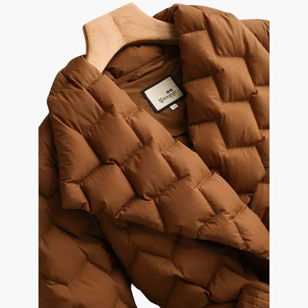Women's brown quilted down puffer coat with belt and long sleeves