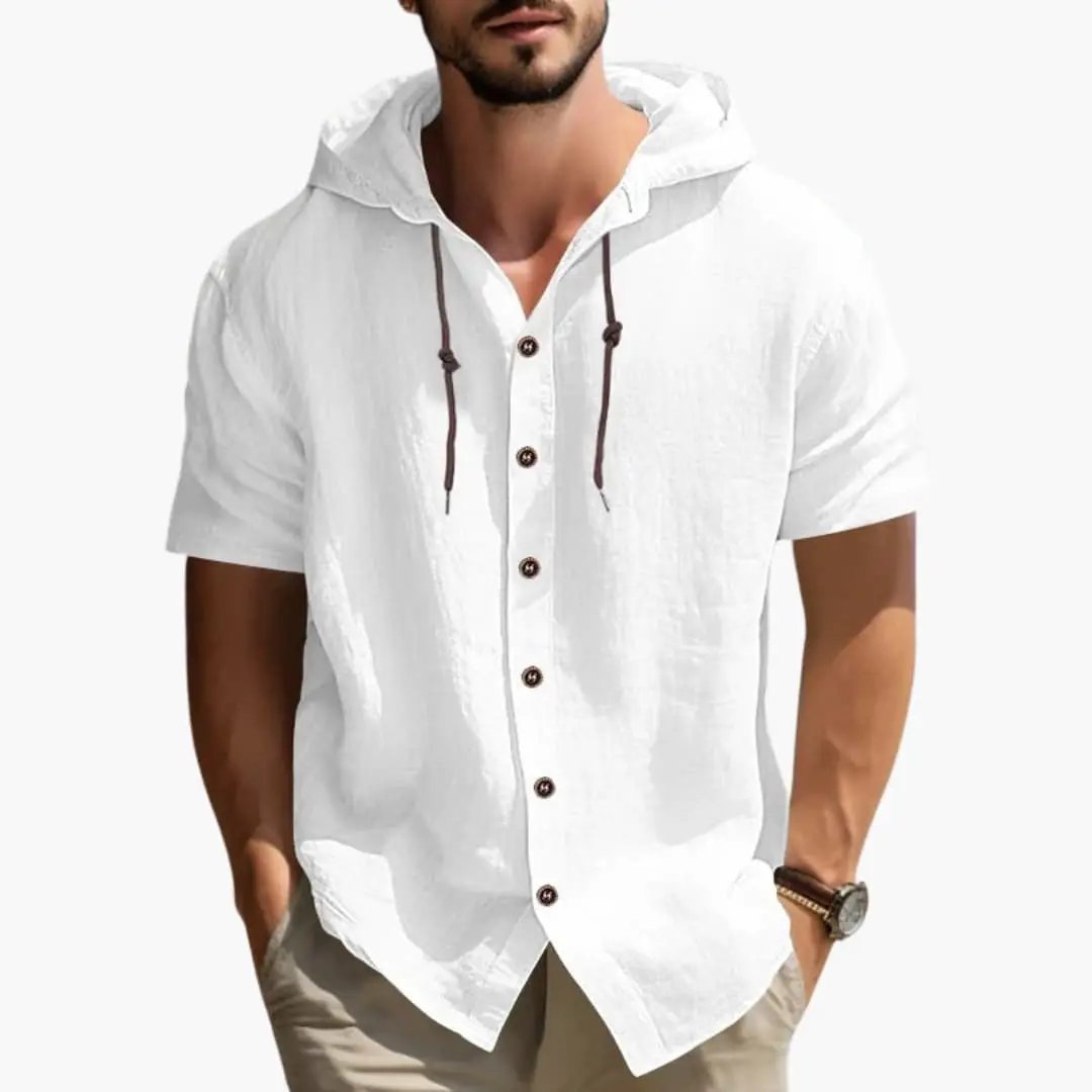 Men's white hooded short-sleeve summer shirt with button placket and drawstring hood