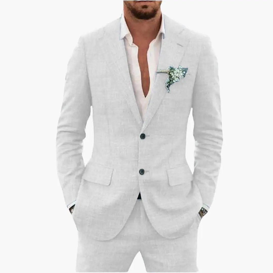 Men's two-piece wedding suit by Wilfred Smith, light gray with notch lapel