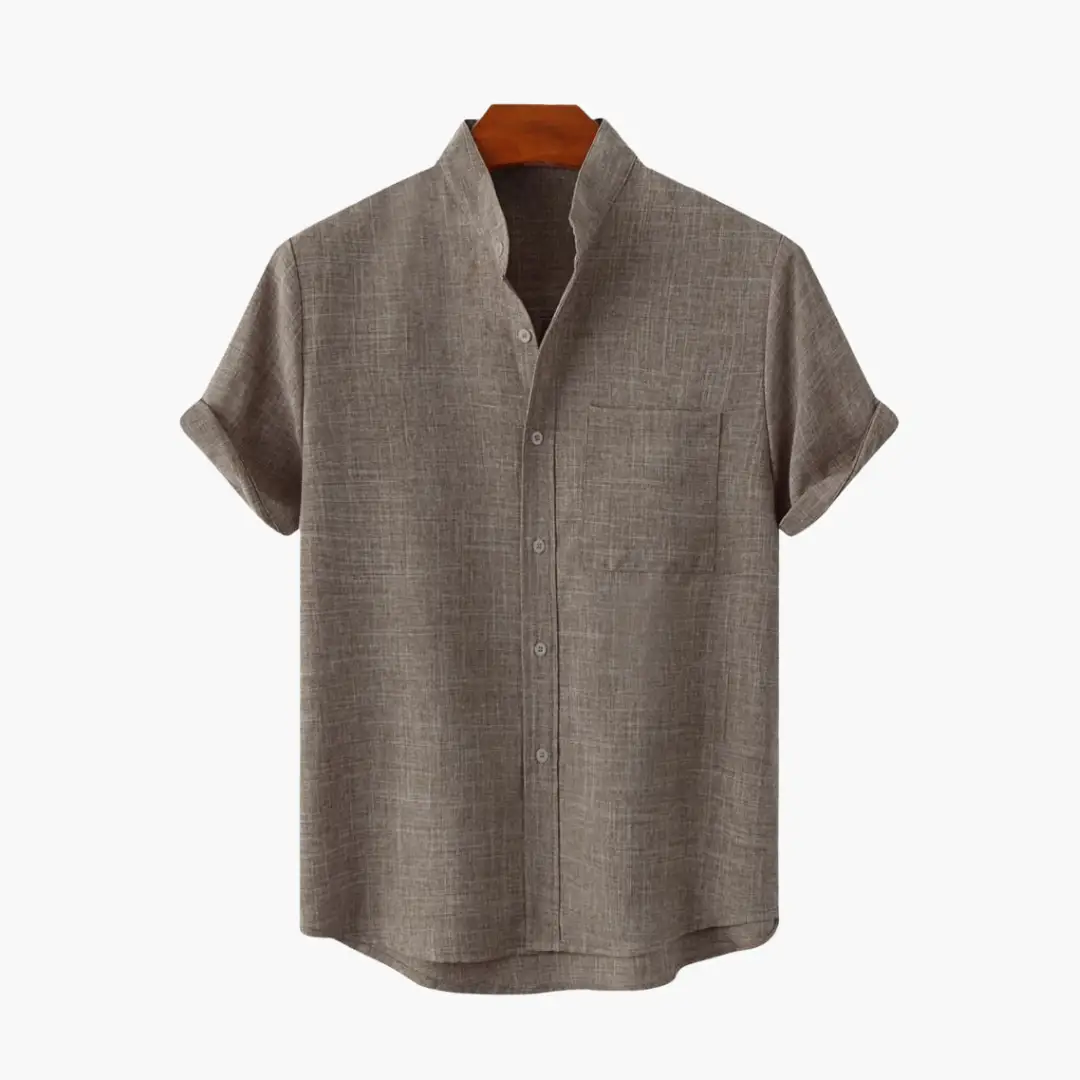 Men’s short-sleeve button-down shirt with collar in brown linen-textured fabric by Wilfred Smith