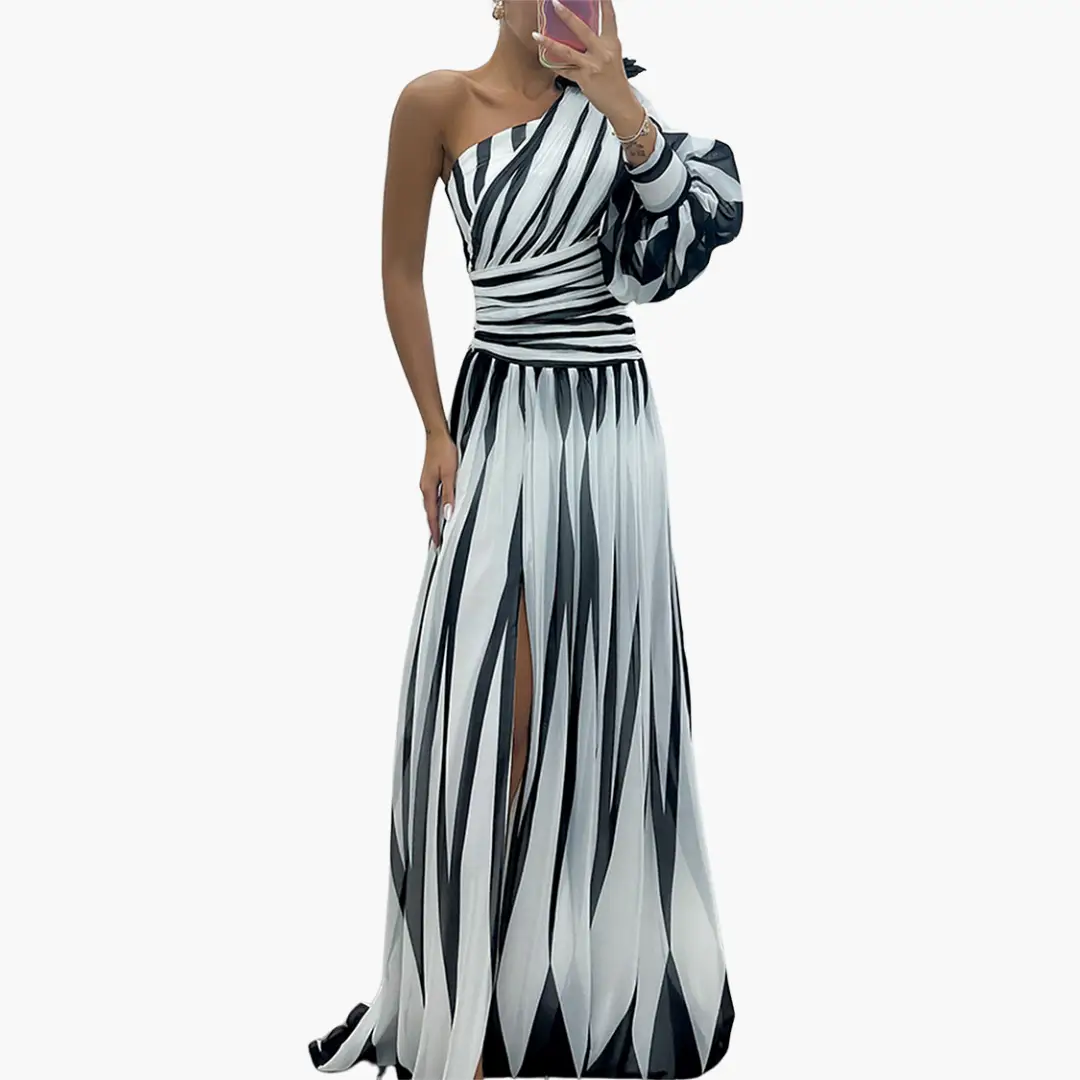 Wilfred Smith striped one-shoulder maxi dress with ruched waist and thigh-high slit