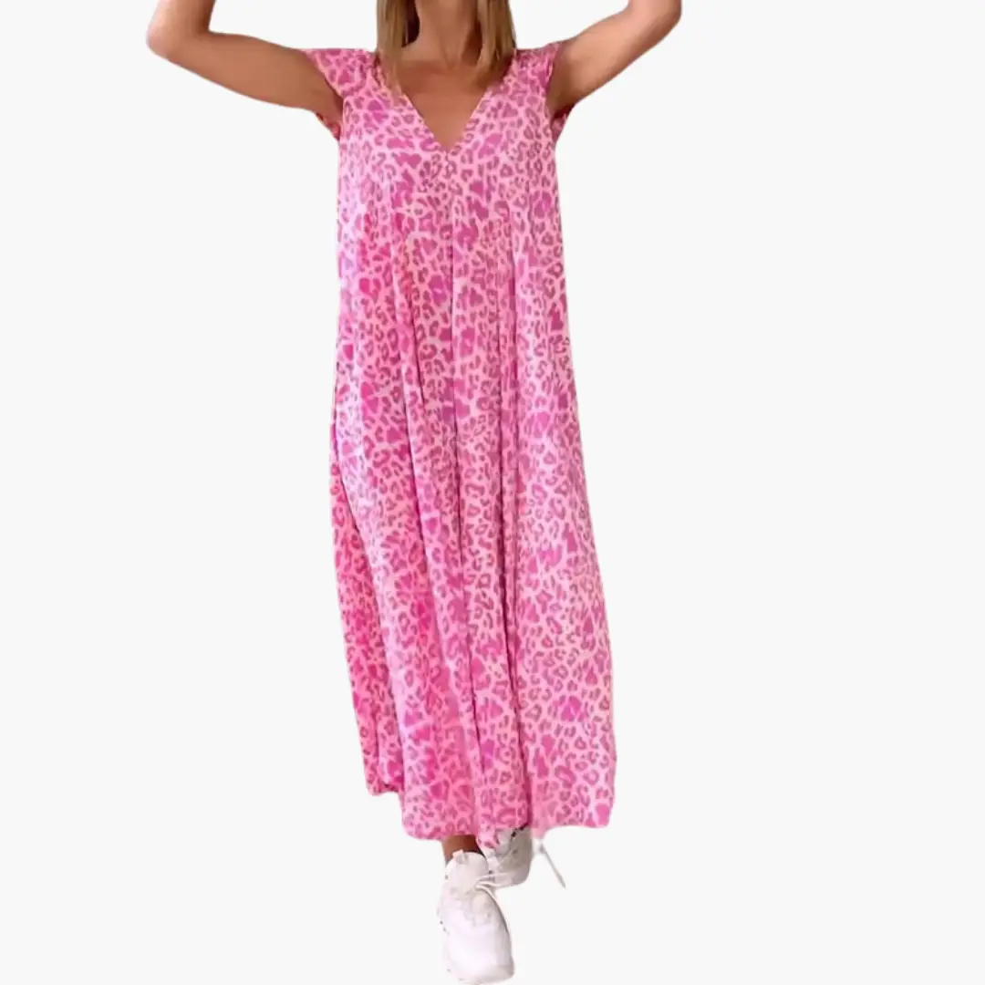 Leo Maxi Dress for Women pink leopard print, V-neck, loose-fit