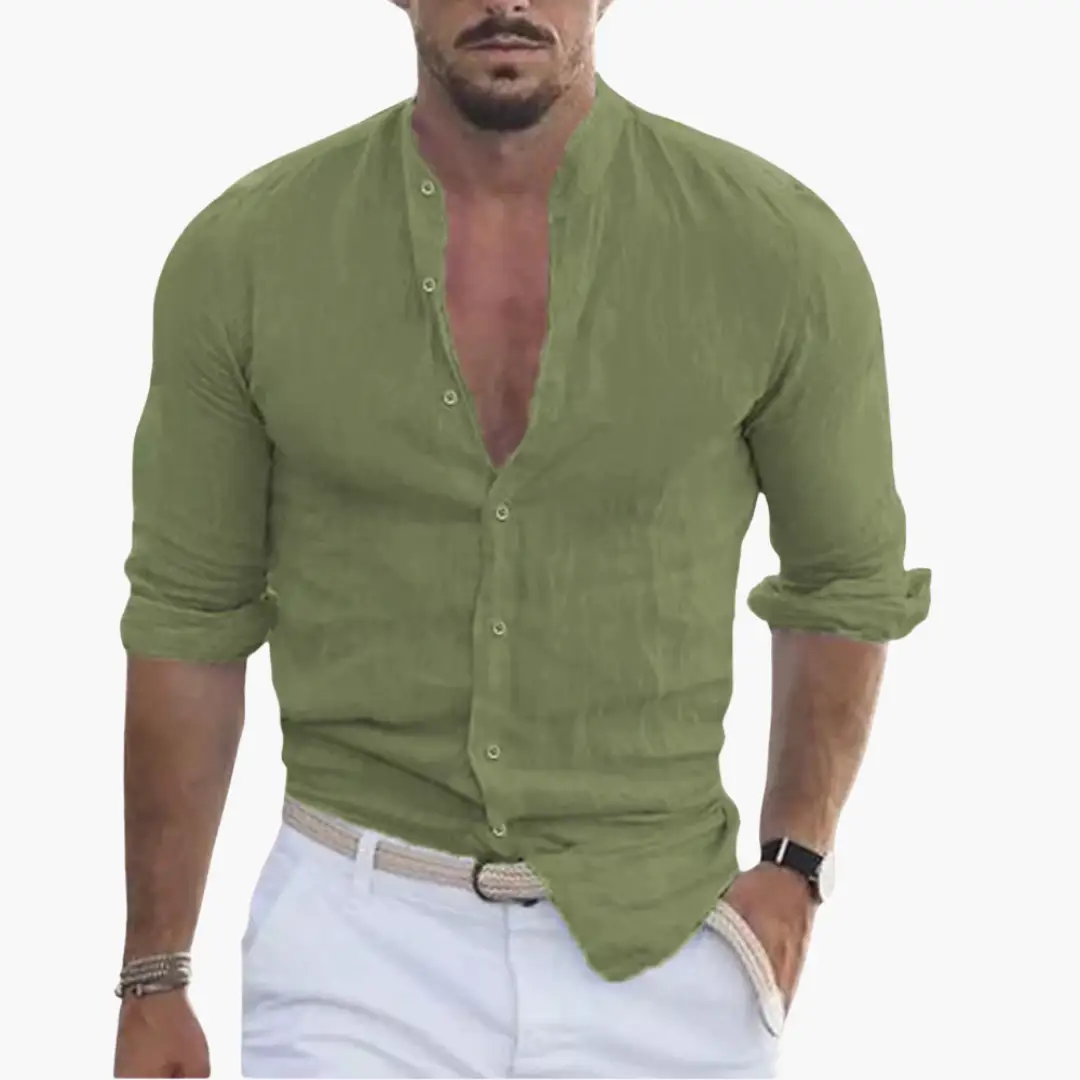 Summer shirt for men in olive green, lightweight with stand-up collar, button-front and rolled sleeves