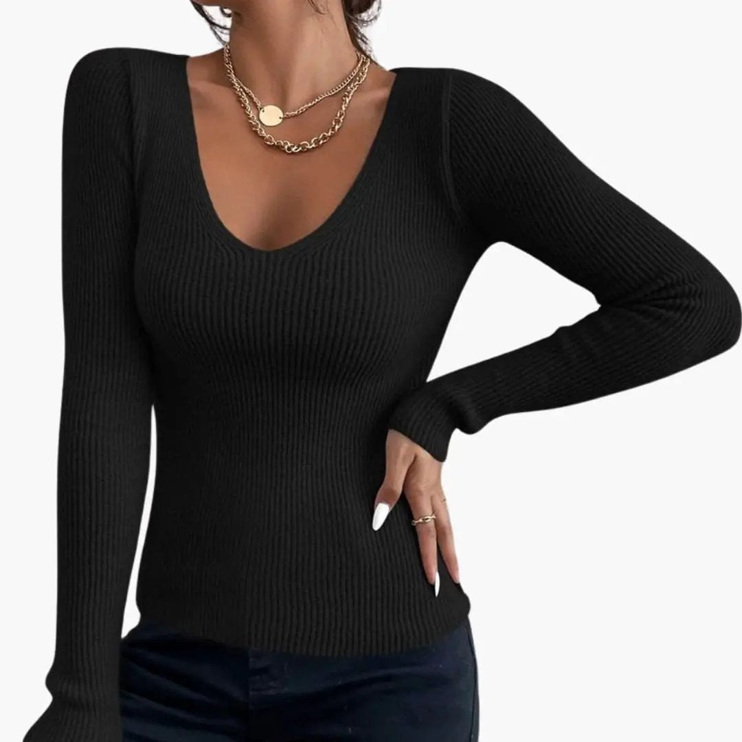 Women's black ribbed knit pullover with a V-neck and long sleeves, Wilfred Smith