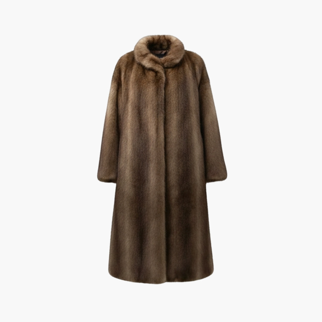 Women's brown fur coat with stand-up collar and long sleeves.