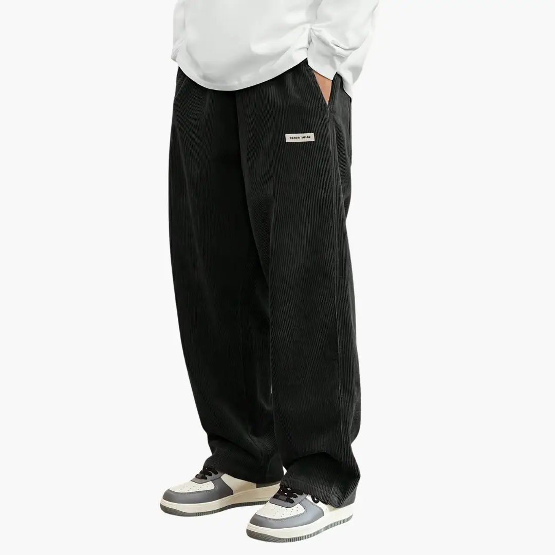 Men's cord pants with elastic waistband and pockets, wide-leg black corduroy by Wilfred Smith