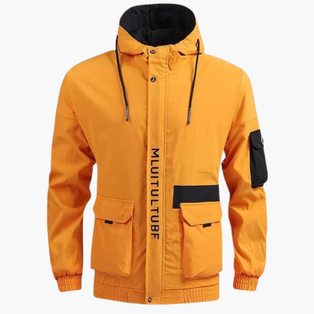 Hooded casual jacket for men in bright orange with black hood lining, multiple front pockets, Wilfred Smith.
