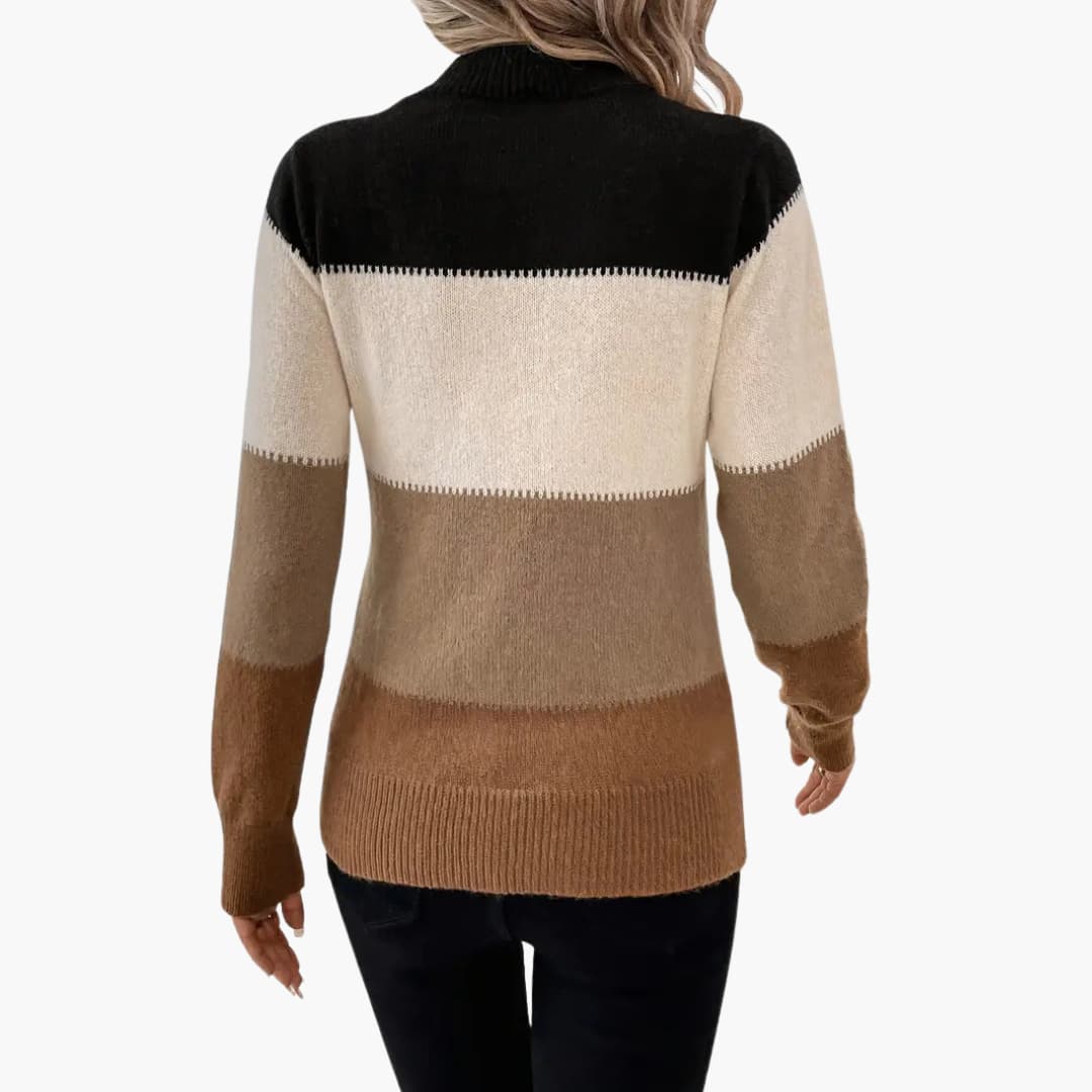 Women's colorblock pullover sweater in black, beige and brown (back view)