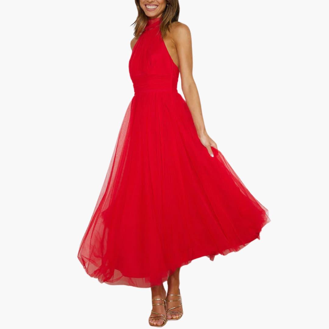 Women's halter-neck red tulle midi dress, elegant party dress