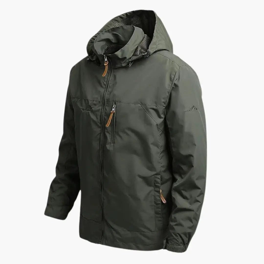 Men's hooded jacket olive green with zip pockets and front zipper, Wilfred Smith sport jacket