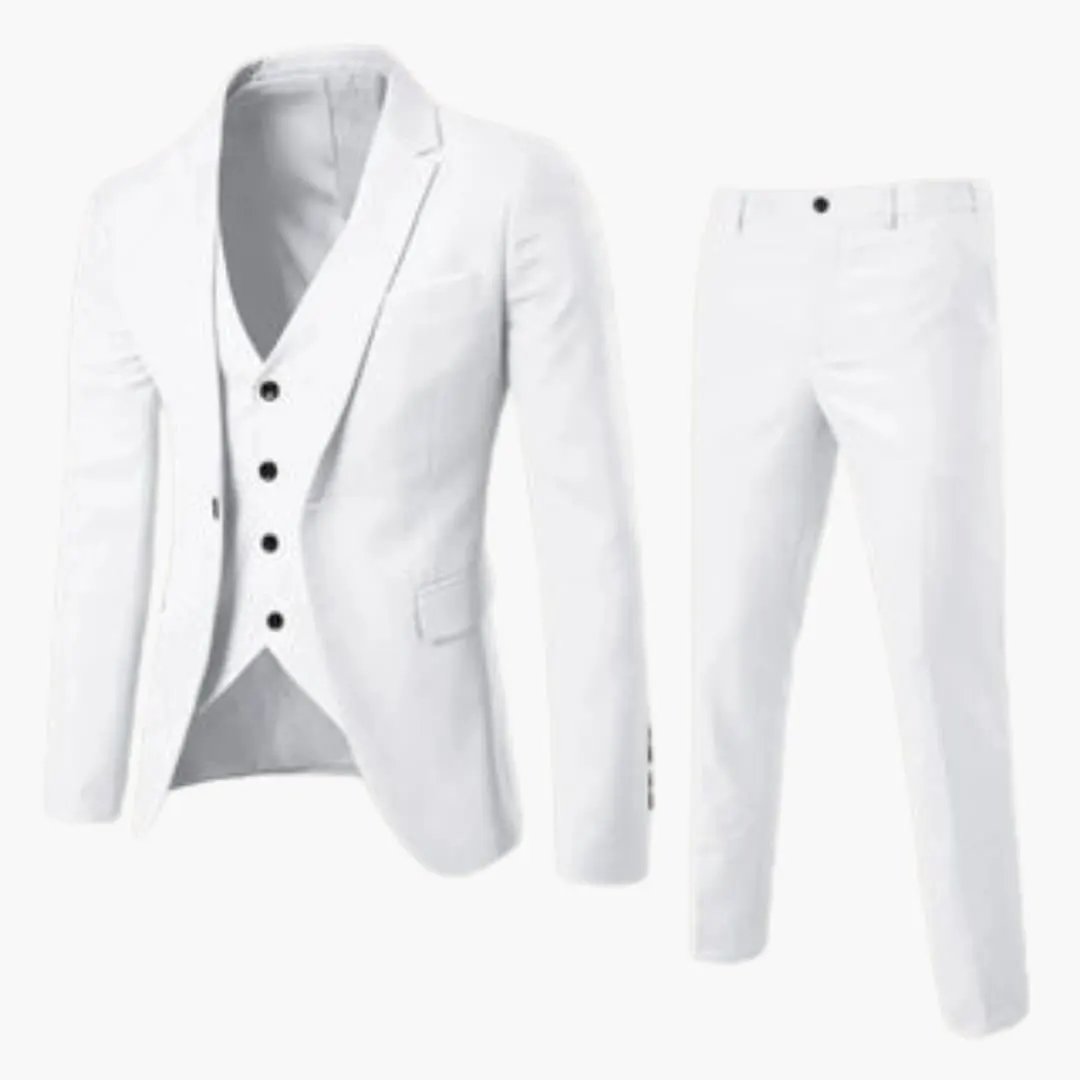 Men’s white three-piece suit by Wilfred Smith with jacket, vest, and pants