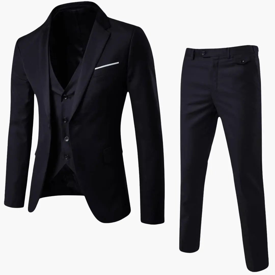 Men’s Summer Three-Piece Suit with jacket and vest in navy by Wilfred Smith; includes trousers