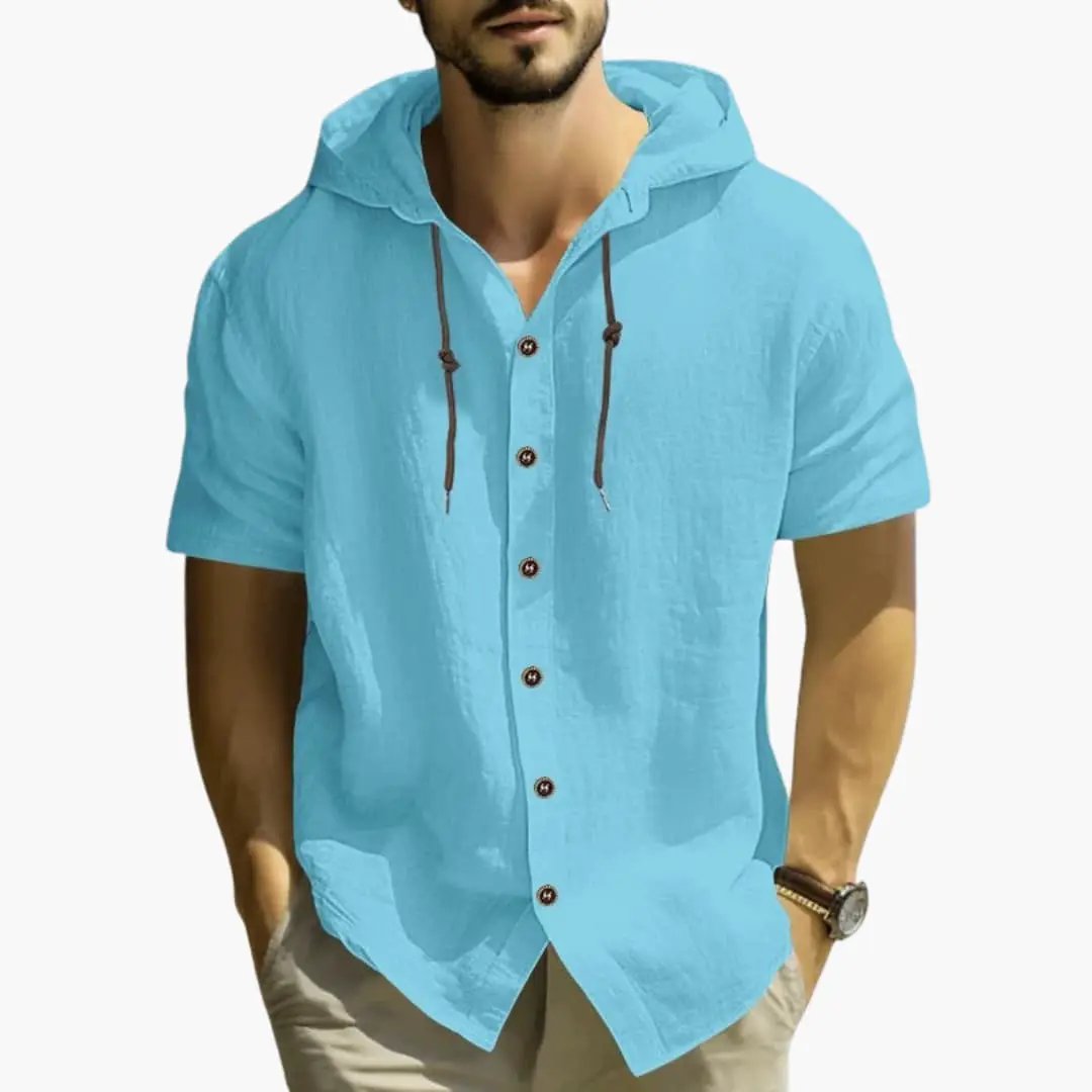 Men's hooded summer shirt in turquoise with short sleeves, drawstrings and button placket — Wilfred Smith