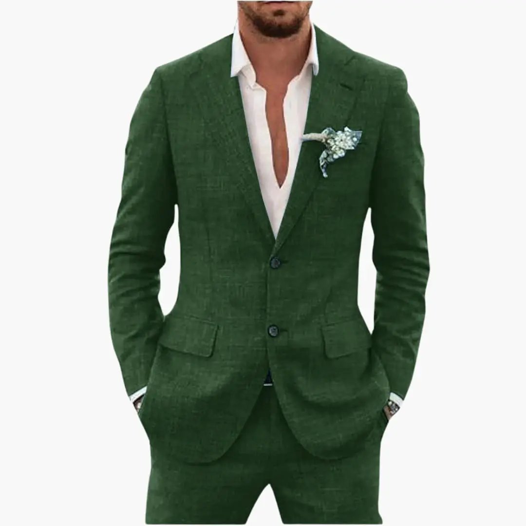 Men's green two-piece wedding suit with notched lapel and button closure, boutonniere