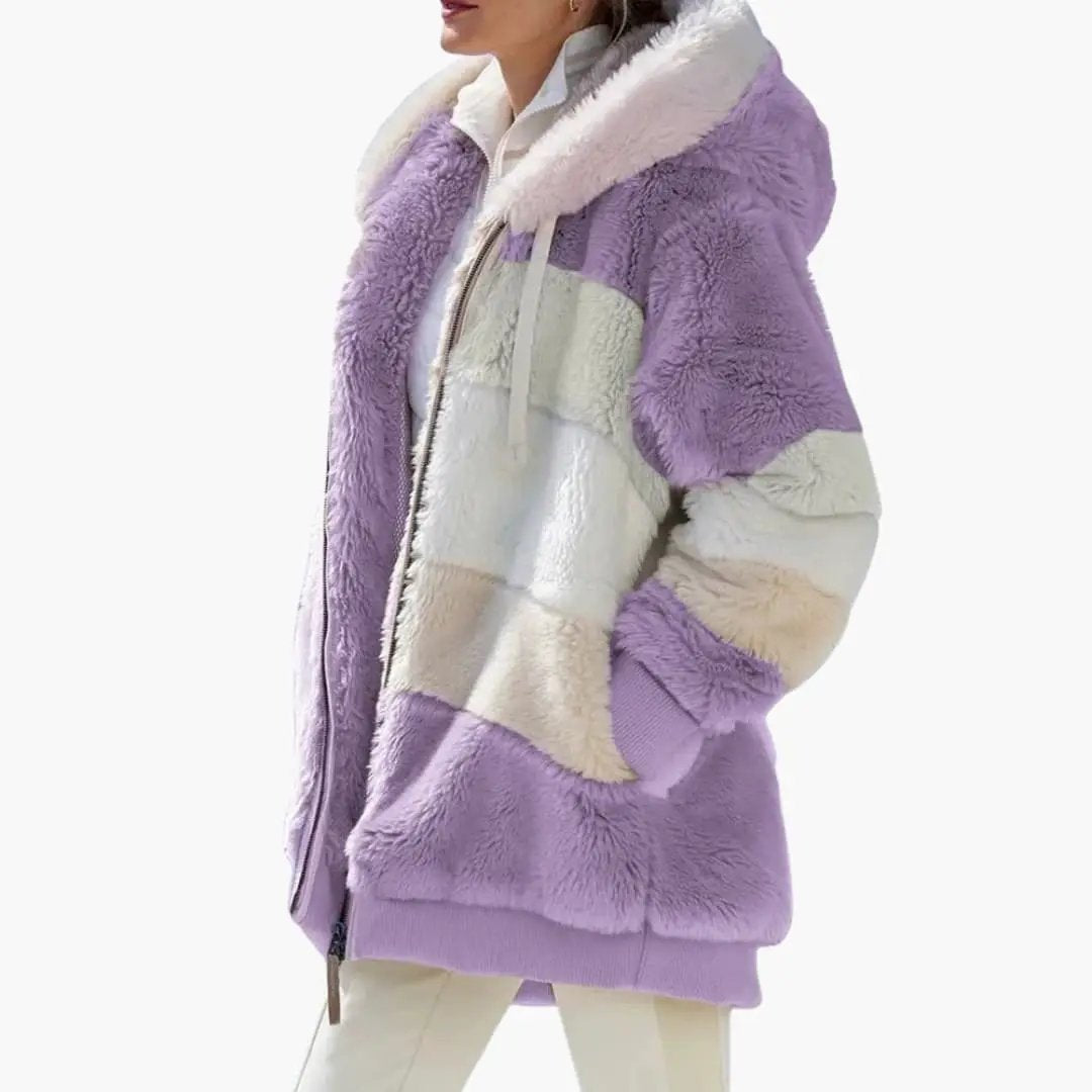 Women's lavender and cream patchwork faux-fur jacket with hood and zipper