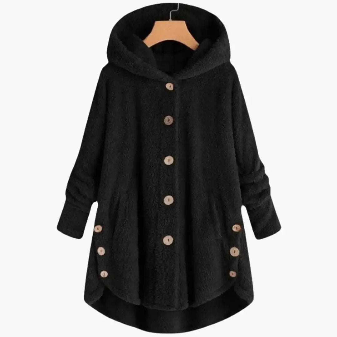 Women's black teddy jacket with hood and button closure; long silhouette with beige buttons