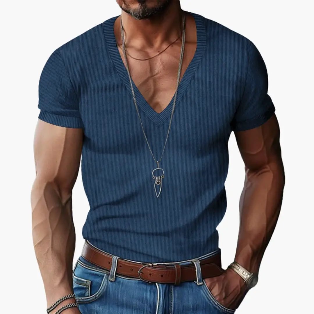 Blue ribbed V-neck short-sleeve T-shirt on a male model.