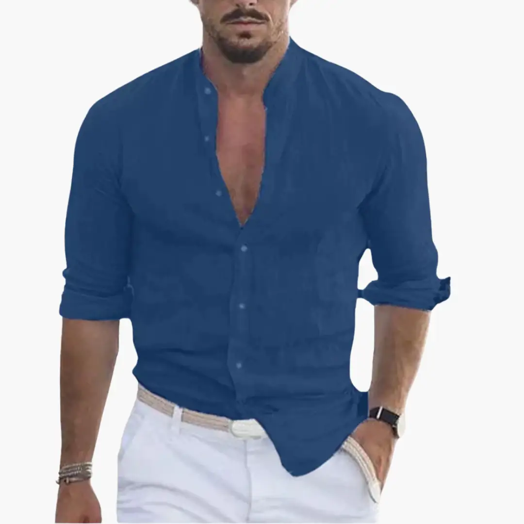Summer Shirt for Men by Wilfred Smith in blue; lightweight casual shirt with stand-up collar