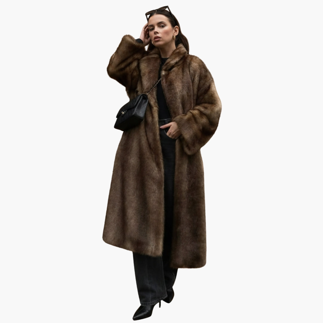 Women's coat with stand-up collar and long sleeves in brown.