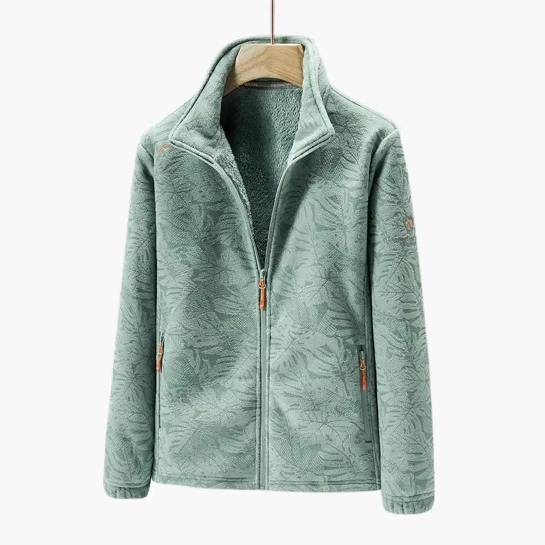 Unisex fleece jacket teal with stand-up collar, full zipper, orange zipper pulls; side pockets.