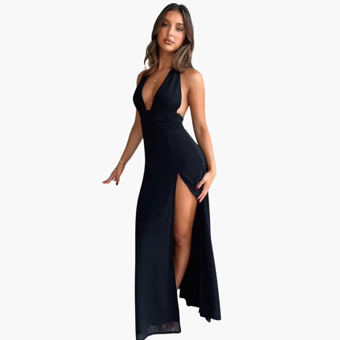 Maxi dress with slit, black halter-neck evening dress with thigh-high slit