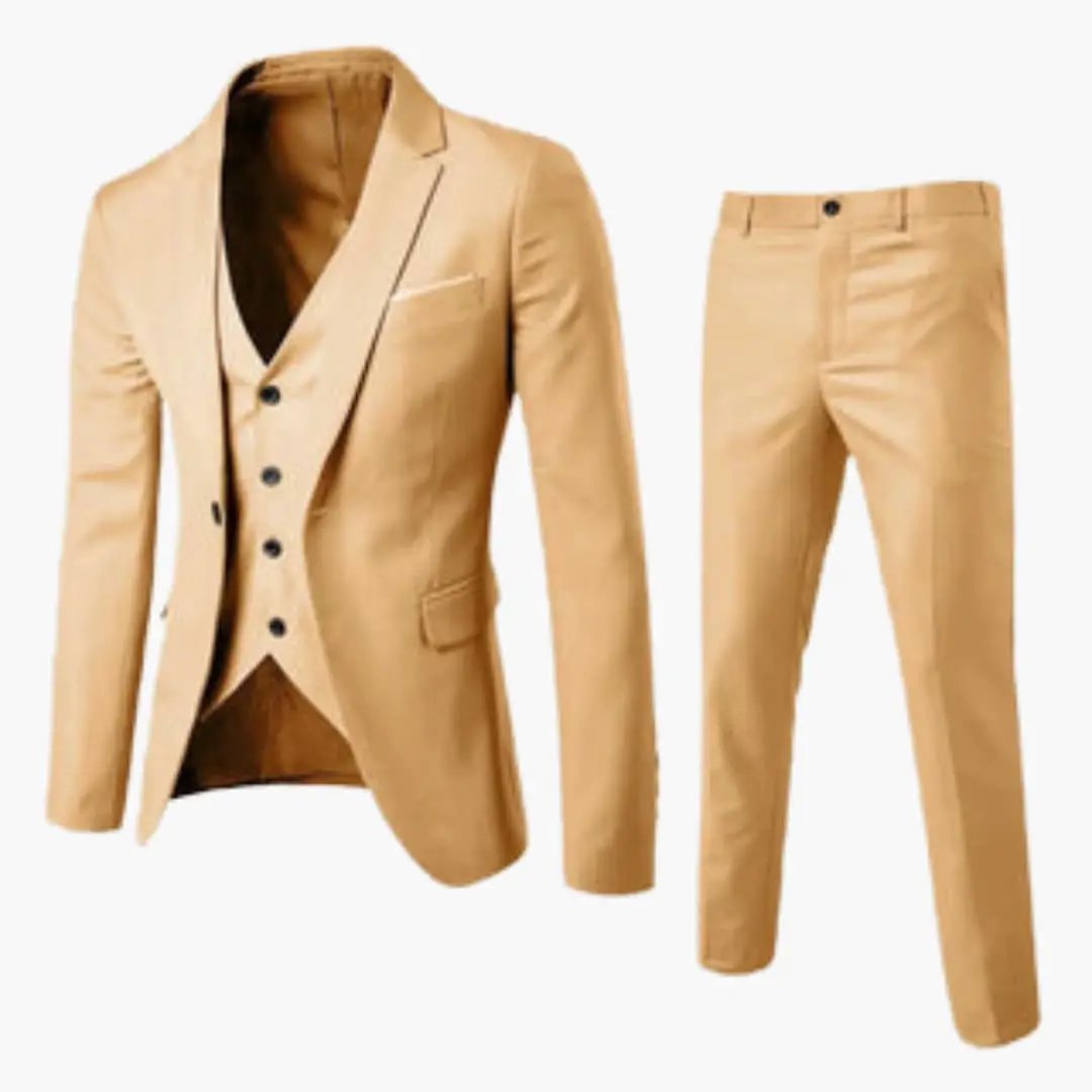Men's summer three-piece suit set by Wilfred Smith in tan, jacket, vest, and pants