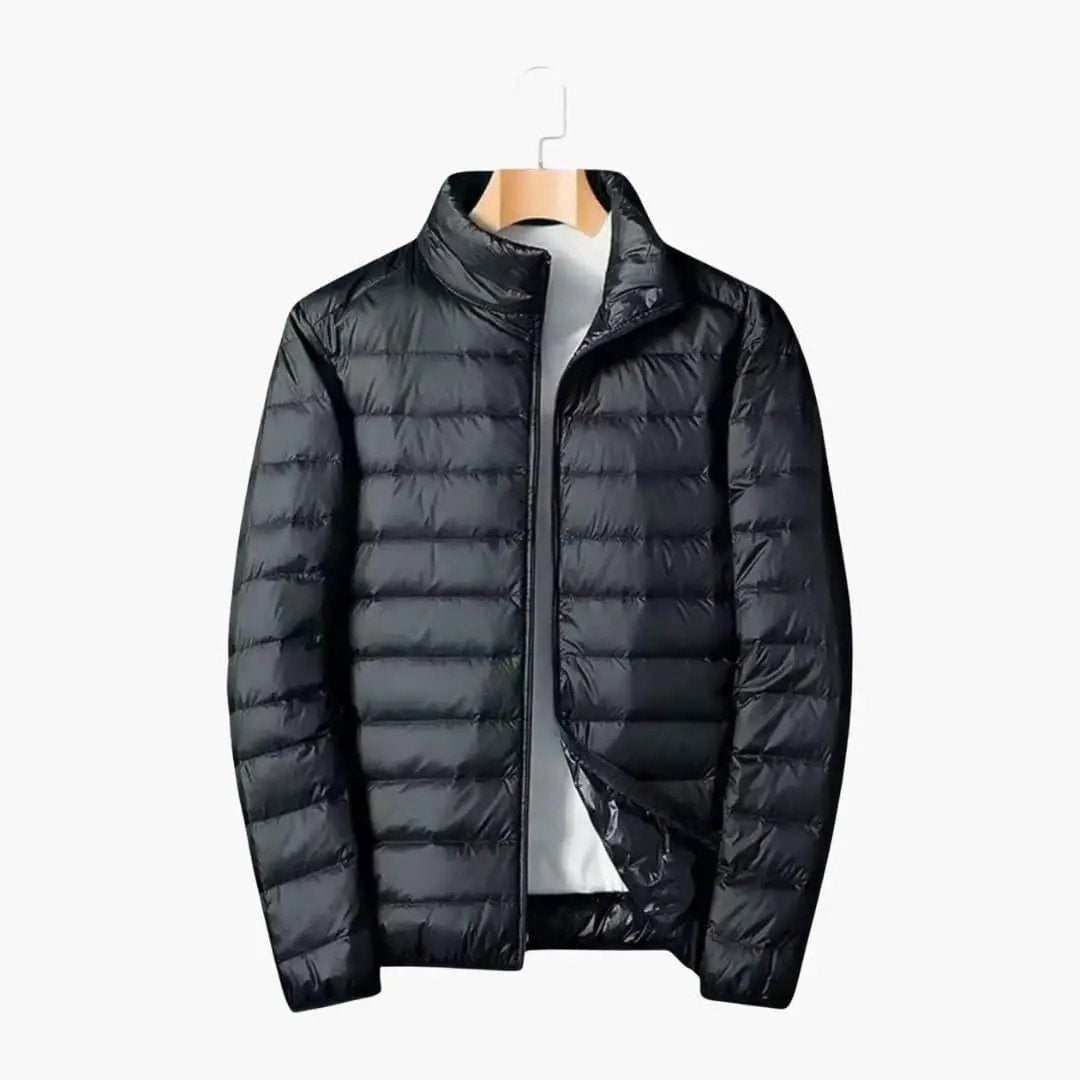 Men’s Quilted Jacket by Wilfred Smith, black puffer with zipper and stand collar