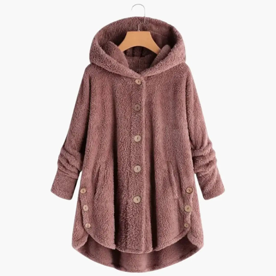 Women's jacket with hood in mauve teddy fabric and button closure
