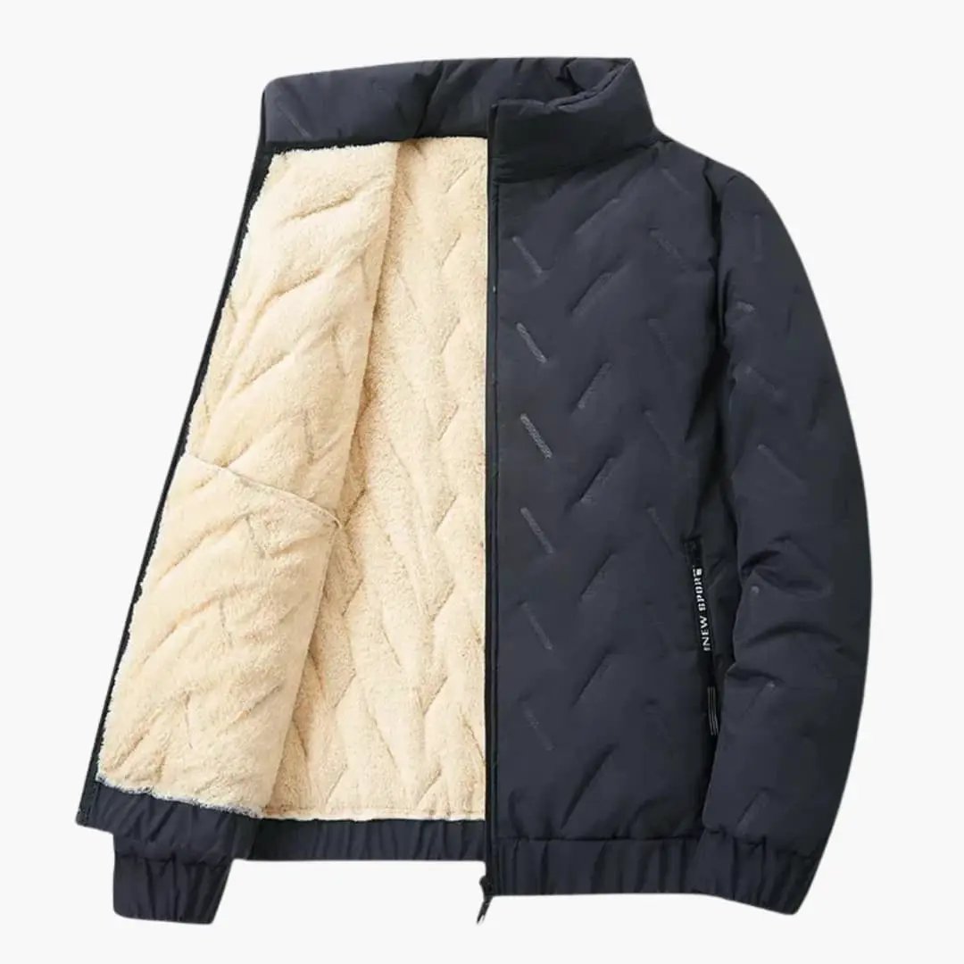 Men's ski jacket by Wilfred Smith, navy exterior with beige shearling lining and front zipper
