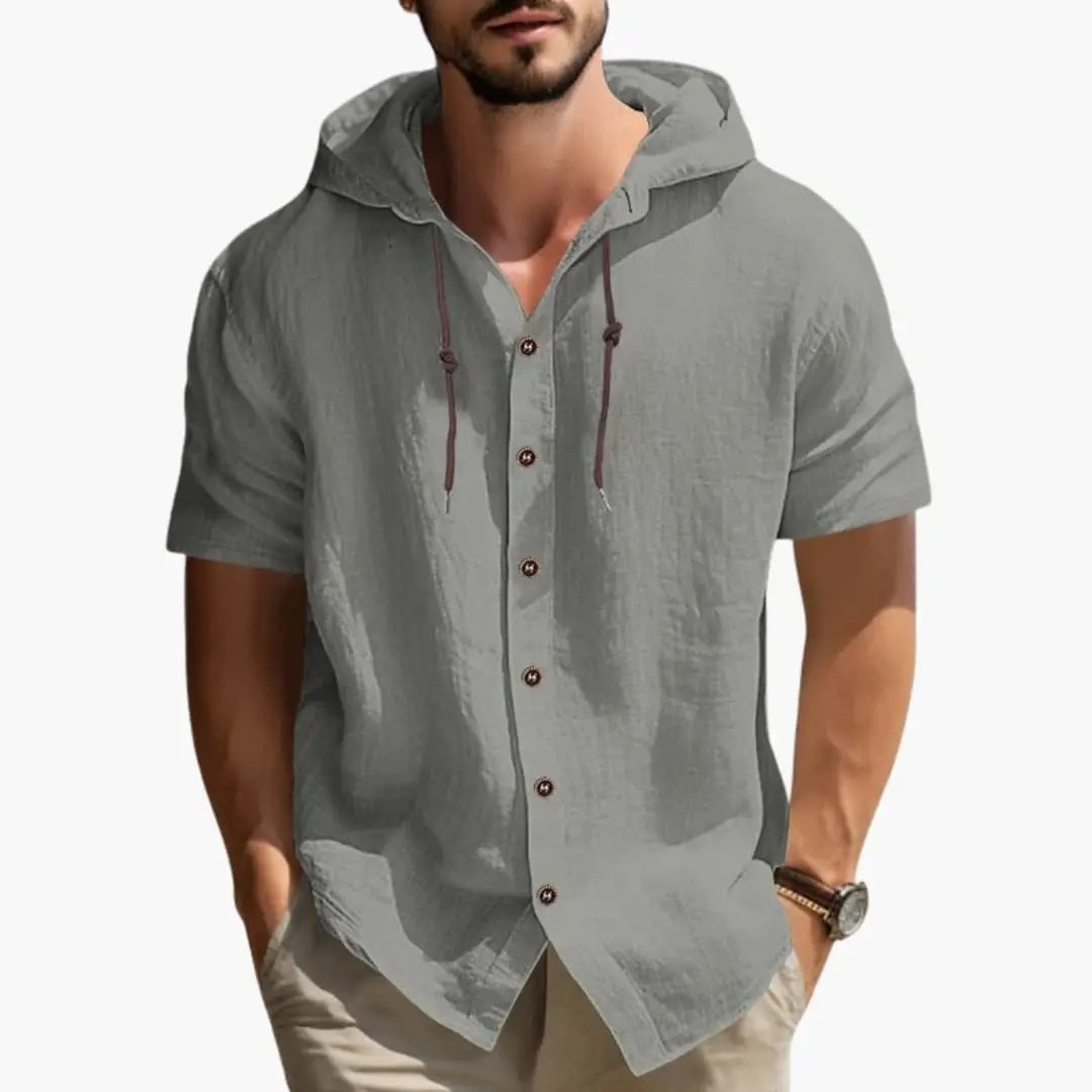 Men's hooded short-sleeve shirt with button placket in gray by Wilfred Smith