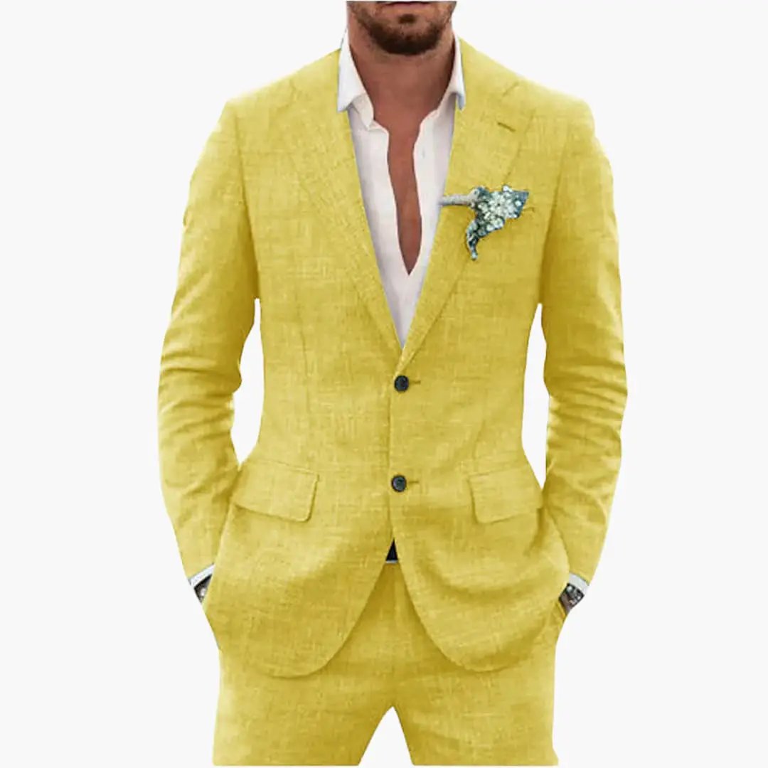 Men's wedding two-piece yellow linen suit with notched lapel and button closure.