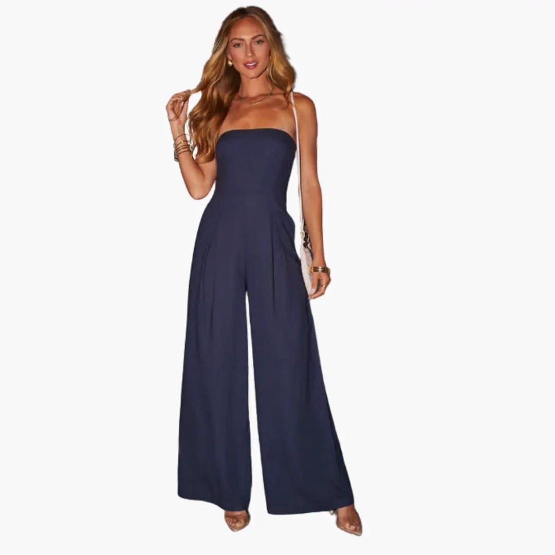 Jumpsuit for Women by Wilfred Smith in navy blue with a fitted bodice and wide-leg pants.