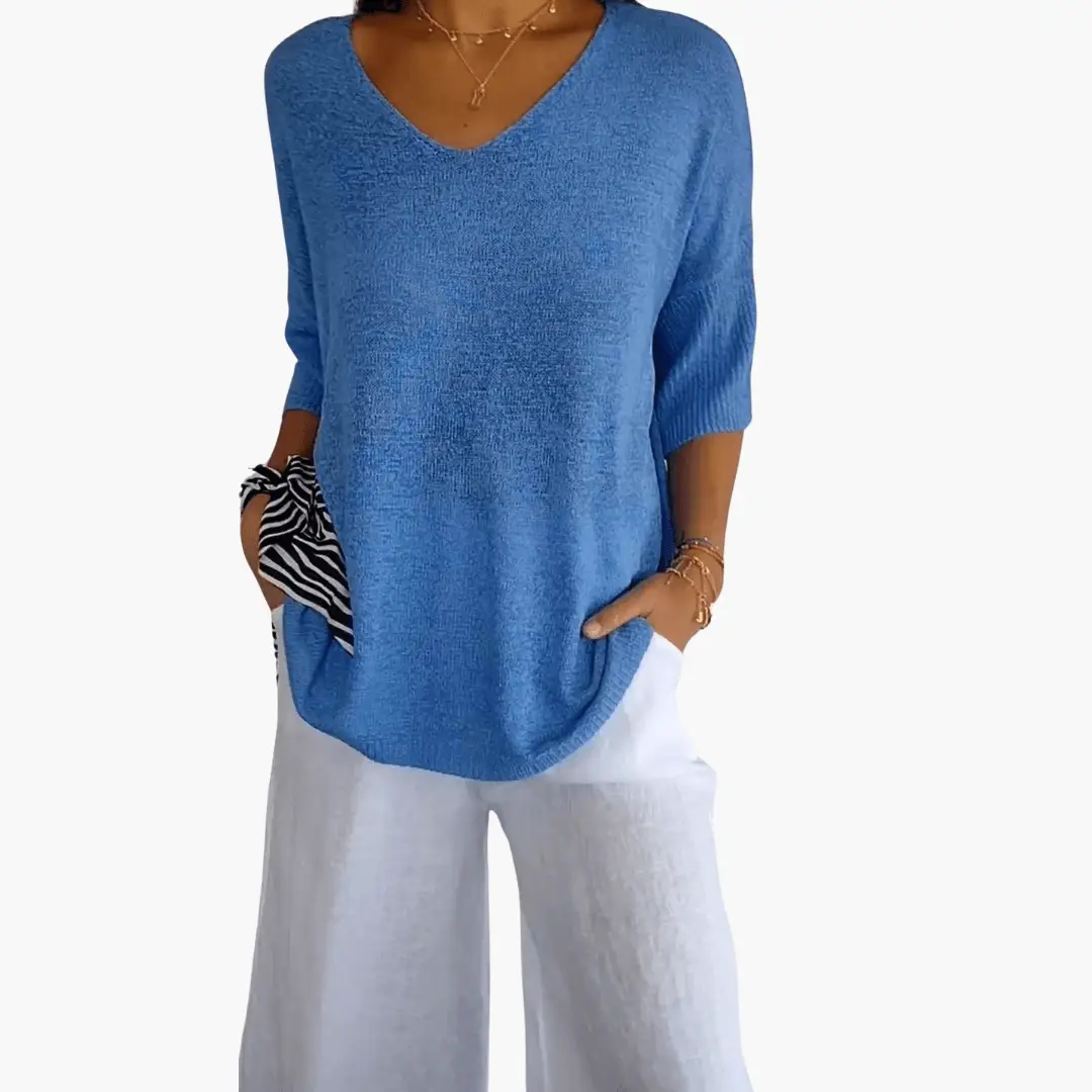 Women's V-Neck Top blue knit, loose-fit casual summer sweater