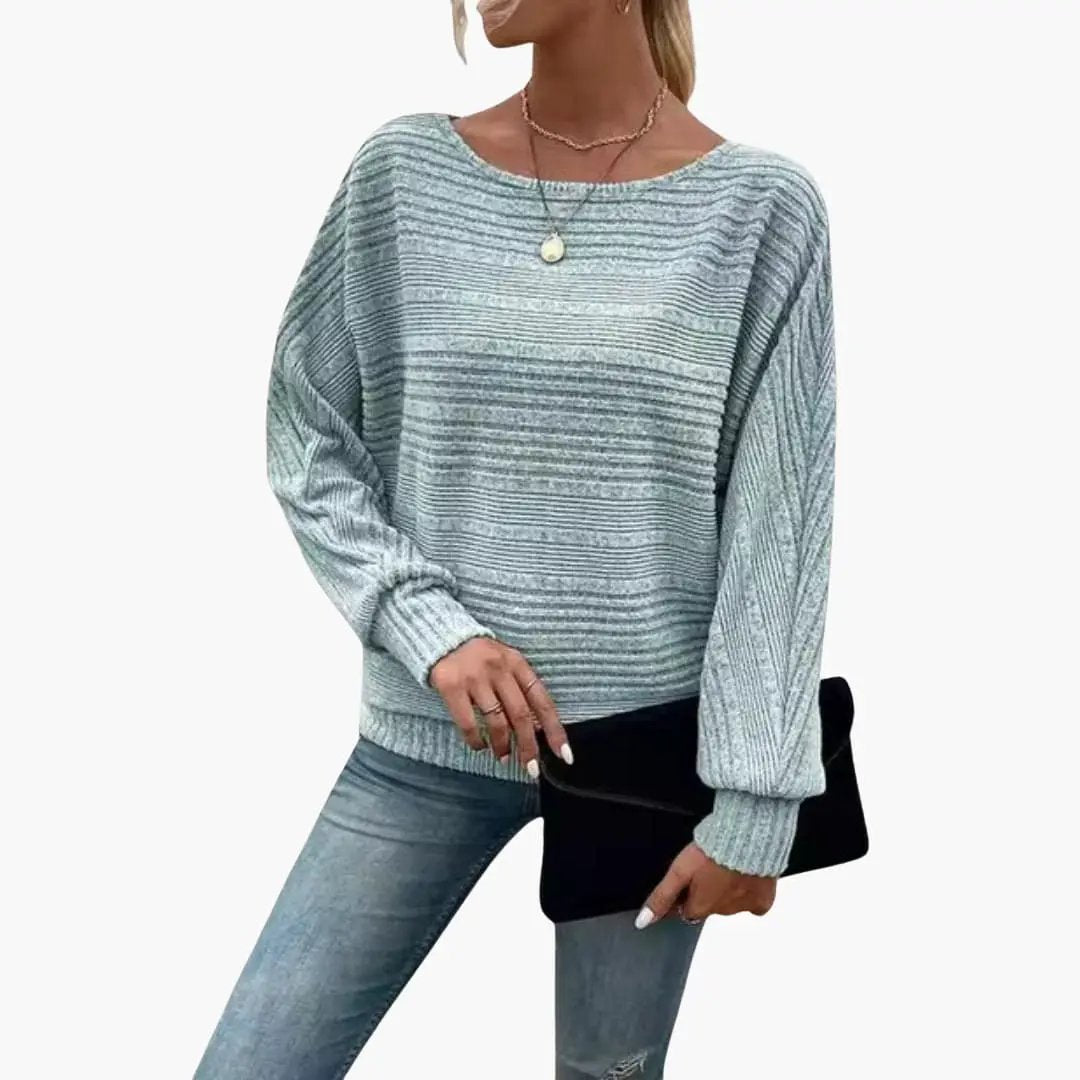 Women's boat-neck striped knit sweater in light blue-gray, relaxed fit.