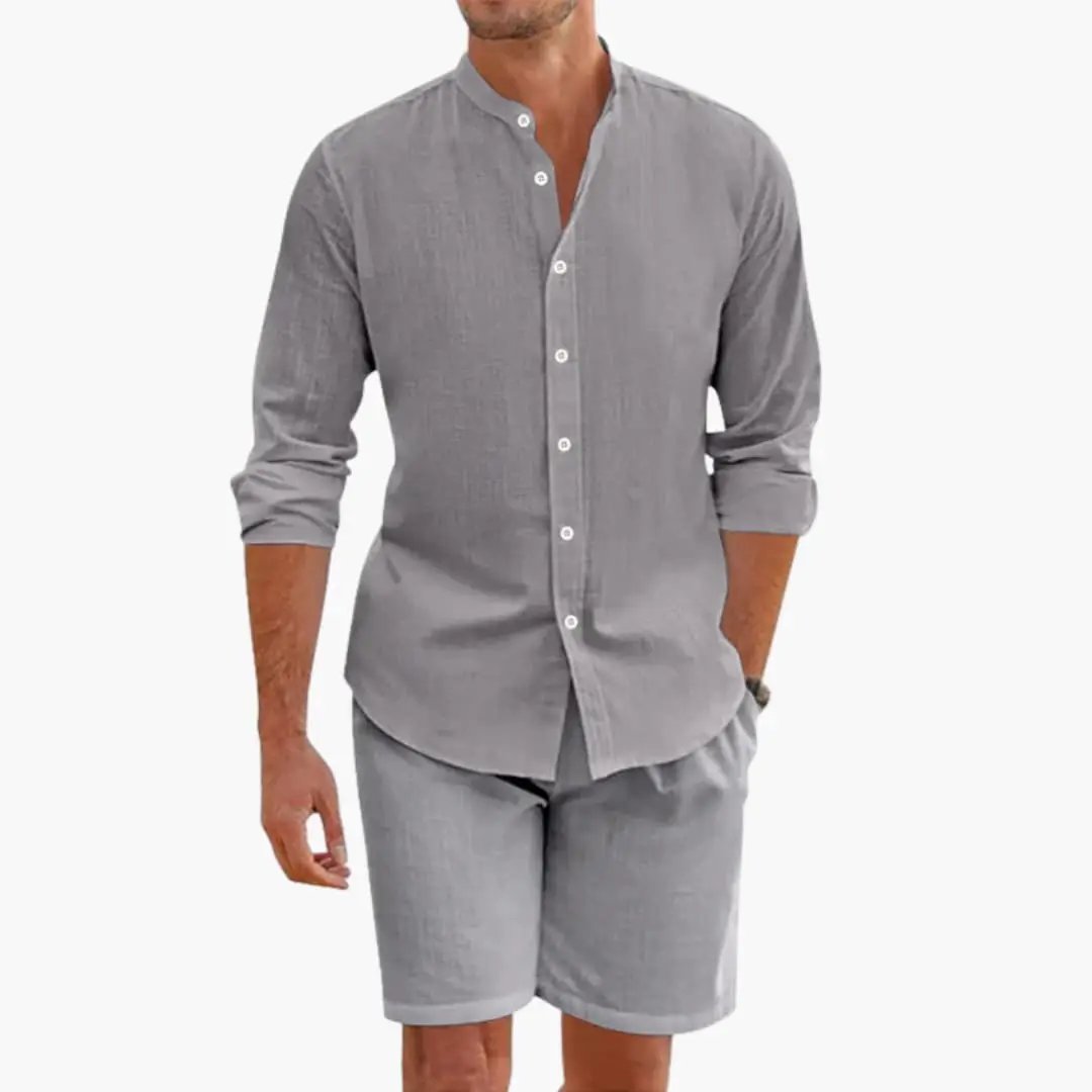 Men's summer two-piece linen-blend shirt and shorts set in light gray by Wilfred Smith