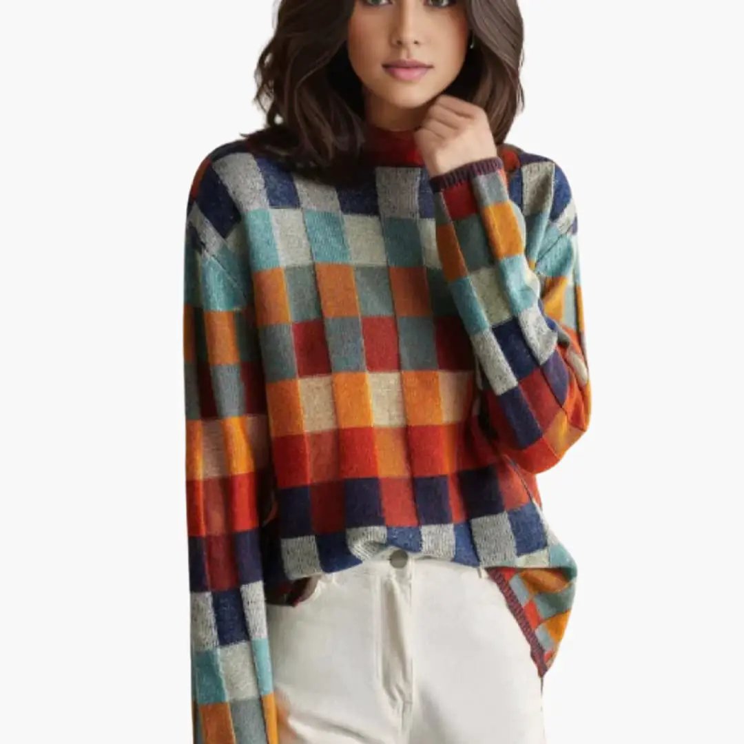 Women's checkered knit turtleneck sweater in multicolor patchwork with relaxed fit.